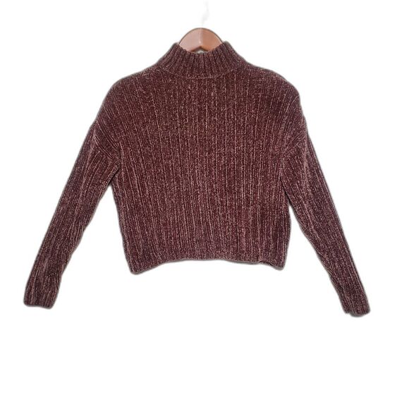 Brown~Velour~Ribbed~Long Sleeved~Half Zipper~Short~Sweater~Pink Rose~Size Medium - Picture 3 of 12